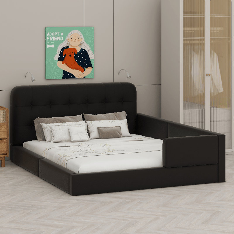 Upholstered Platform Bed With Reading Lights, Black