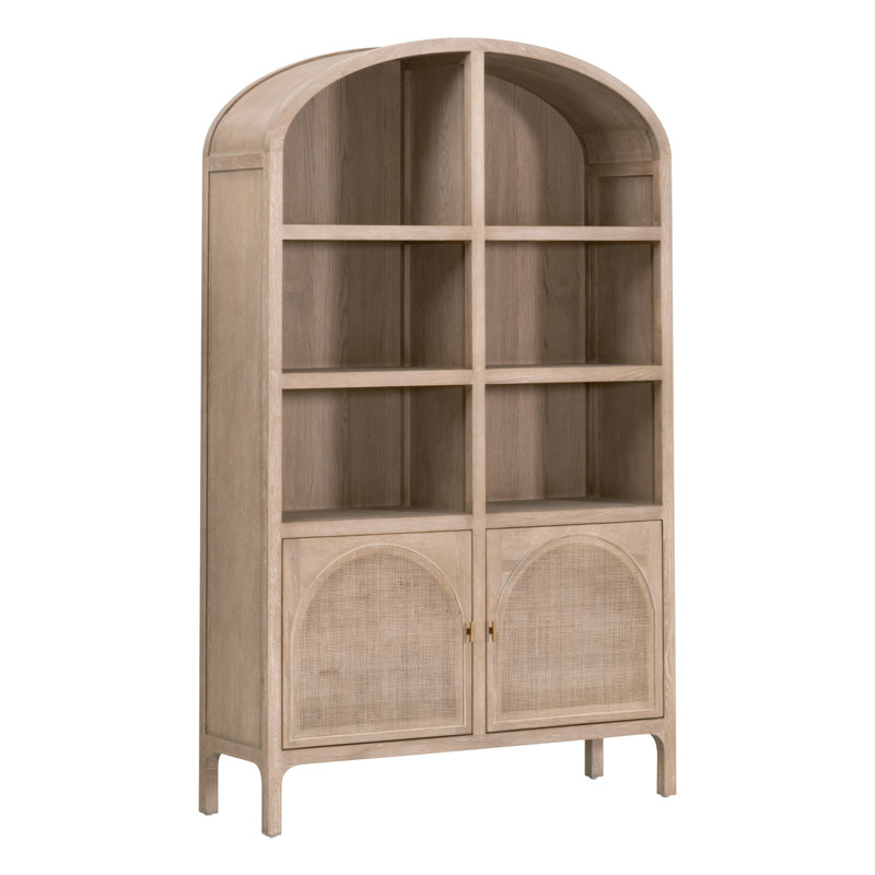 Smoke Gray Oak and Cane Arched Storage Bookcase with Doors