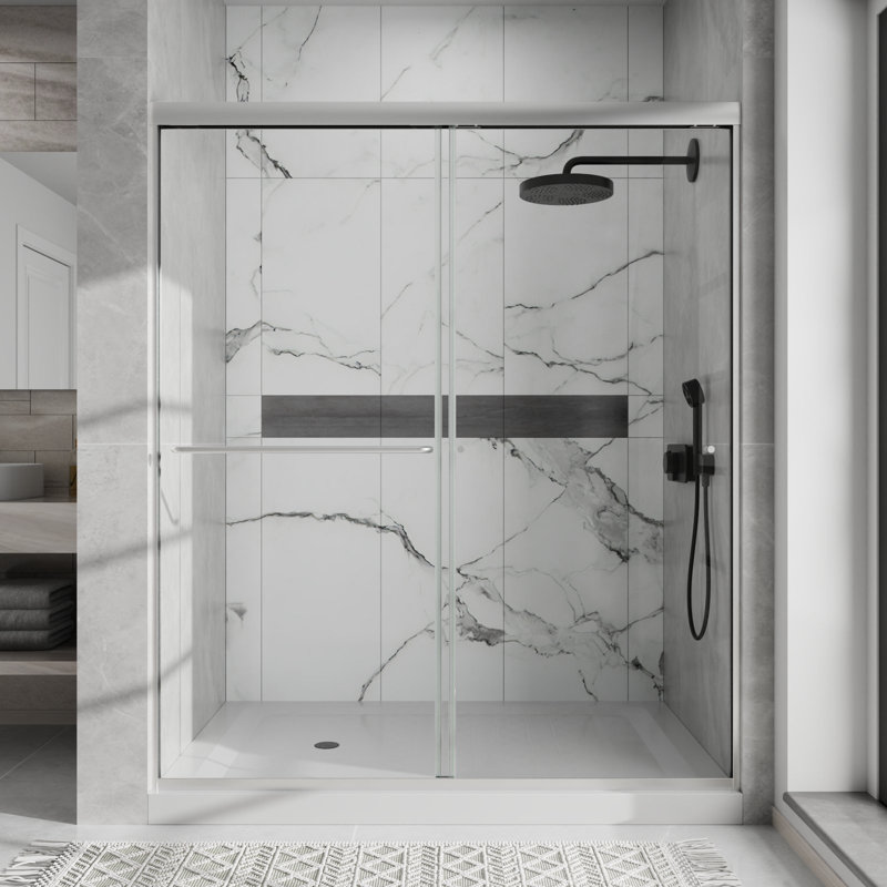 Porte de douche coulissante double encadrée 56 "- l 60" x H 70 "- verre transparent, certifié par la SGCC, Chrome