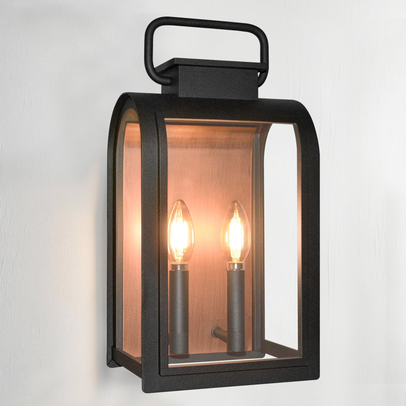 Black & Copper Vintage Outdoor Wall Lantern with Double Candle Bulbs - Handle Design Exterior Lighting for Porch & Entryway
