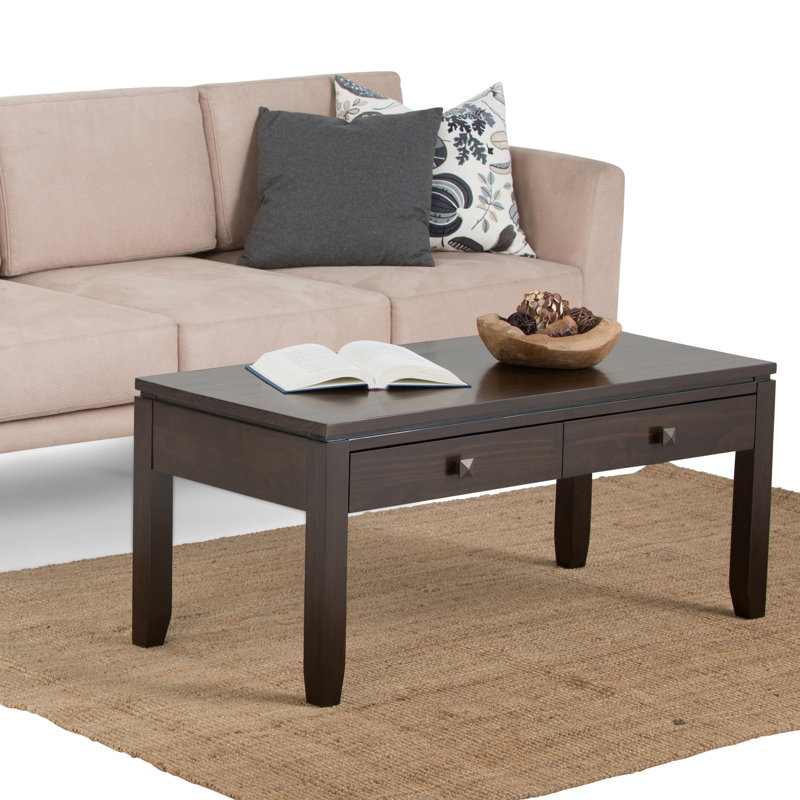 Cosmopolitan 42"W Solid Wood Contemporary Coffee Table with 2 Drawers and Square Brushed Nickel Knobs, Coffee Stain