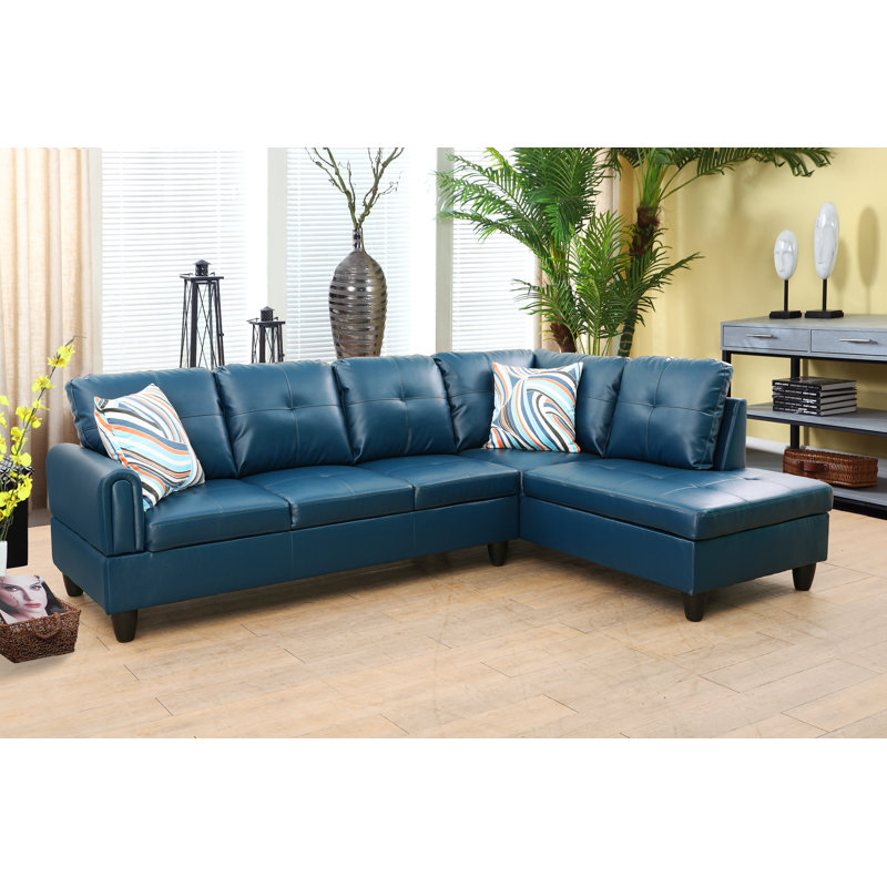 Renford Upholstered L-Shaped Sectional, Right Hand Facing, Navy Faux Leather