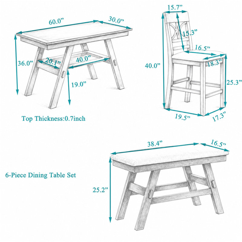 6-Piece Wood Counter Height Dining Table Set with Storage Shelf, Kitchen Table Set with Bench and 4 Chairs,Rustic Style Cushion