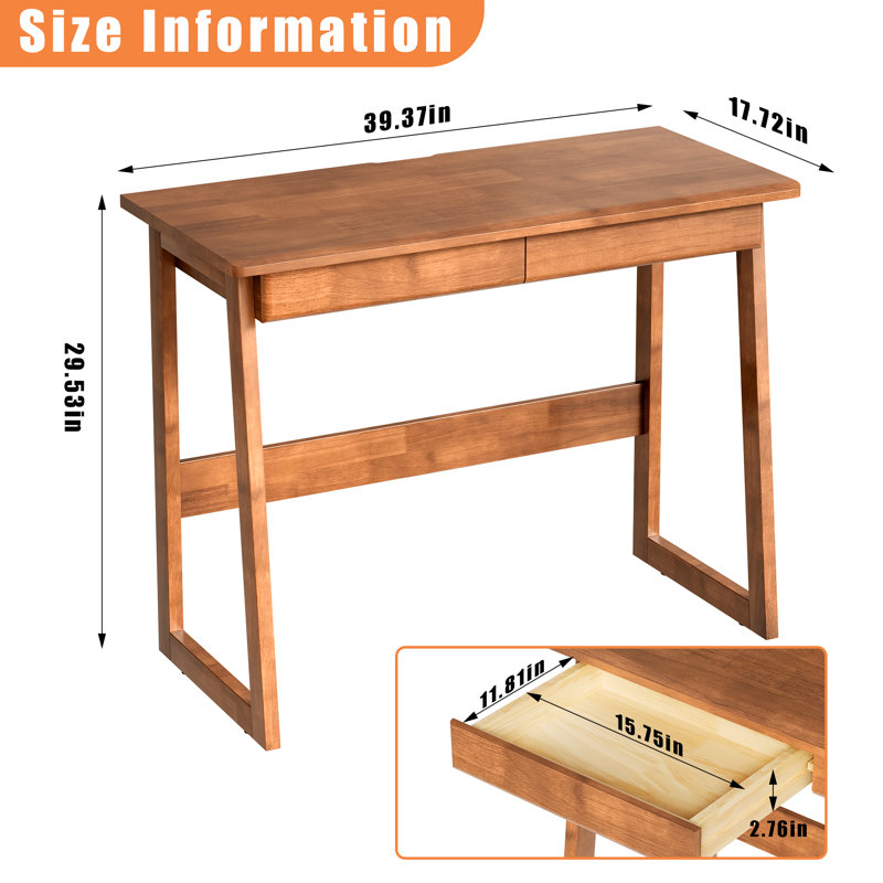 100% Solid Wood Desk With Drawers - 39 X 18 Inch Vintage Narrow Desks, Mid Century Modern Desk, Small Writing Desks For Small Spaces|bedroom, Living Room & Office - Walnut Color