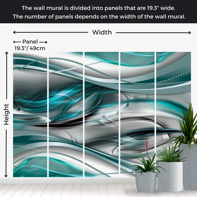 Murale abstraite pelez et collez - vagues gris turquoise, L 27 po x l 38 po