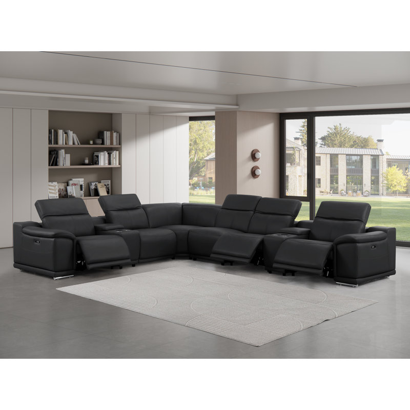 8-Piece L-Shaped Power Reclining Sectional In Genuine Leather – 3 Recliners, Black Top Grain Leather