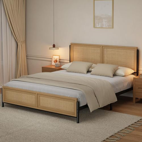Cadre de lit en rotin avec tête et pied de lit en rotin naturel, cadre de lit plateforme Boho avec lattes en métal, rails latéraux en bois, rangement sous le lit
