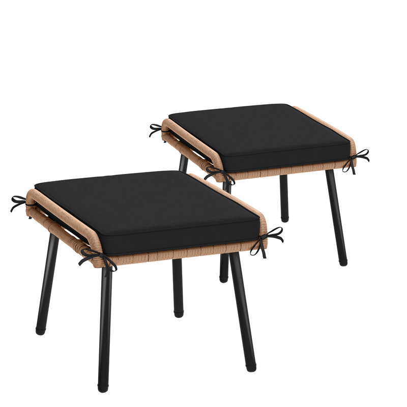 Milam Beige Rattan Outdoor Ottomans with Black Cushions, Set of 2