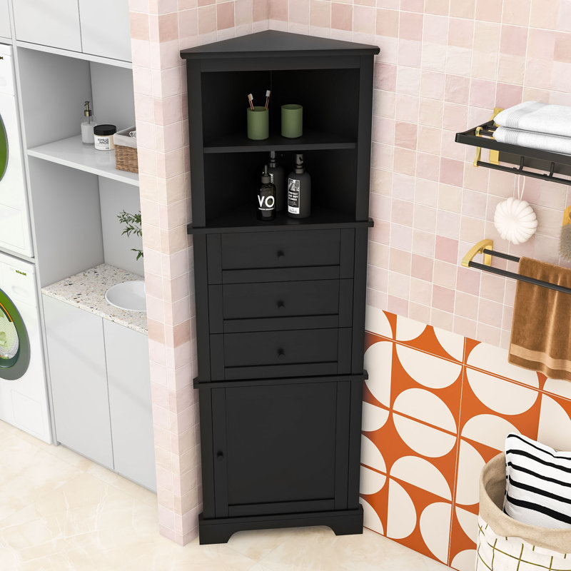 Triangle Bathroom Corner Cabinet with Adjustable Shelves, Triangle Drawers and Enclosed Storage, Black