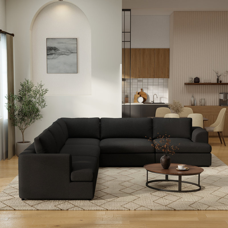 Canapé modulaire rembourré 5 pièces Akshata, Tissu noir / noir