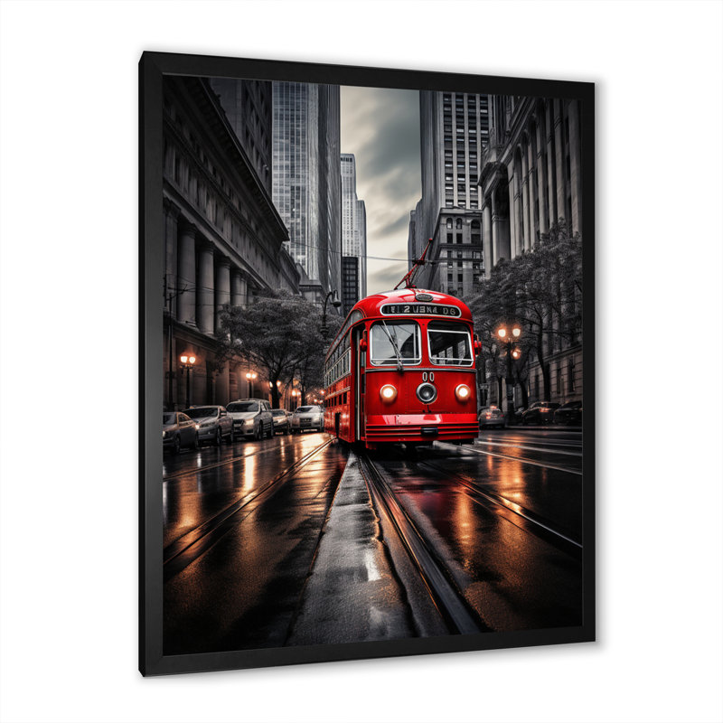 Art urbain sur toile, impression de transport urbain rouge - Red City Bus Rhythm I, H 20 po x l 12 po, Cadre photo noir