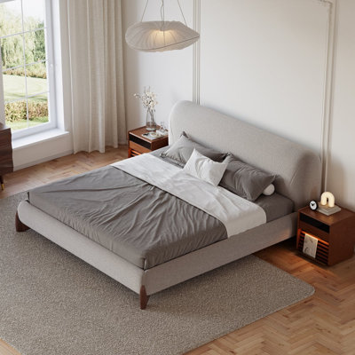 California King Upholstered Platform Bed, Gray Linen & Walnut Wood Frame, No Box Spring Needed