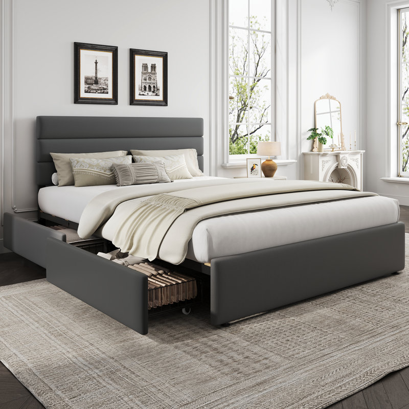 Candler Modern Bed With 4 Storage Drawers And Headboard, Velvet Upholstered Platform Bed, Sturdy Metal & Wooden Slats Support, No Box Spring Needed, Easy Assembly
