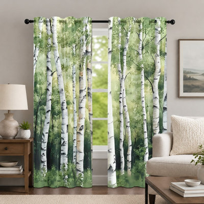 2Pcs Green Forest and Birch Tree Pattern Curtains, Nature Style Curtain, Scenic Botanical Print Art Grommet Drapes, Window Treatment for Bedroom Living Room Decor