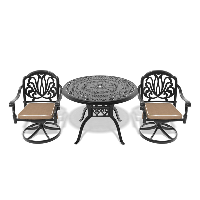 Ensemble de salle à manger 3 pièces en aluminium coulé toutes saisons avec 2 chaises pivotantes et une table ronde de 39,37 po, noir