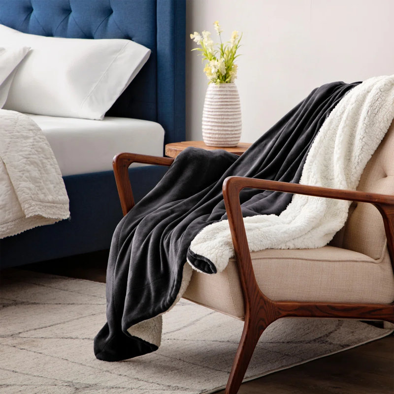 Reversible Soft Sherpa Fleece Fur Thick Dual Sided Blanket Throw, Black, 230cm x 270cm