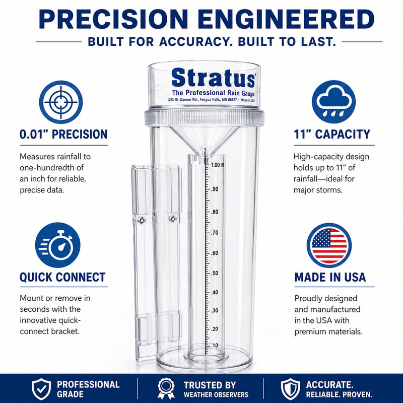 Pluviomètre de précision Stratus - instrument professionnel toutes saisons de 14 pouces avec support de fixation - précis au 1/100 po - durable et facile à lire pour les jardiniers, les météorologistes et les amateurs de météo