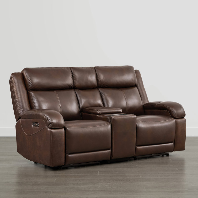 Zachery Genuine Leather Power Reclining Sofa with Multifunctional Console, Dark Brown, 2