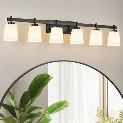 ETL Certificated 6-Light Vanity Light With Milk Glass Shades, Large Modern Bathroom Light Fixture
