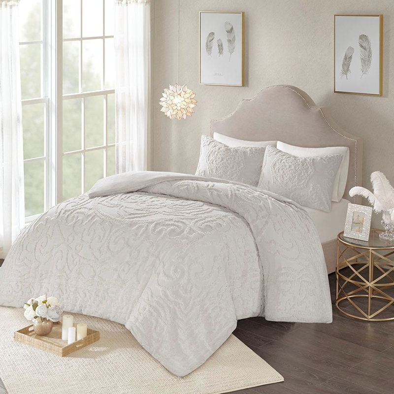 Housse de couette et housse de couette en coton et chenille pour grand lit Queen Grey 100% Shabby Chic, Gris