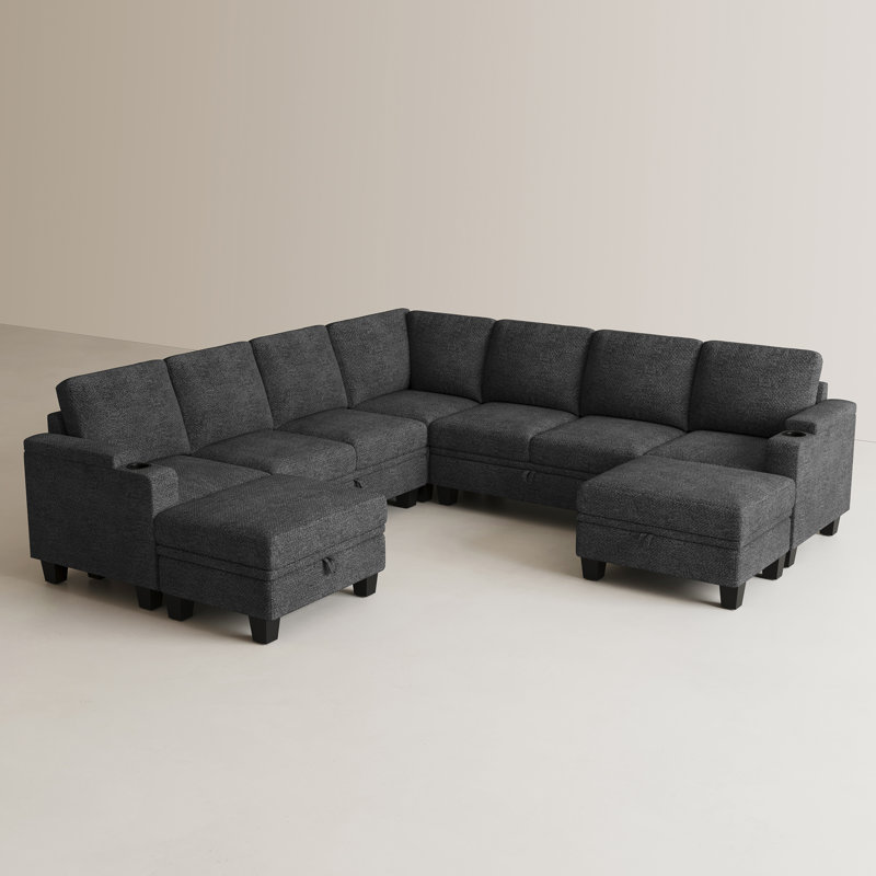 Chenille Modular U-Sectional With Storage Ottomans, Dark Gray Chenille