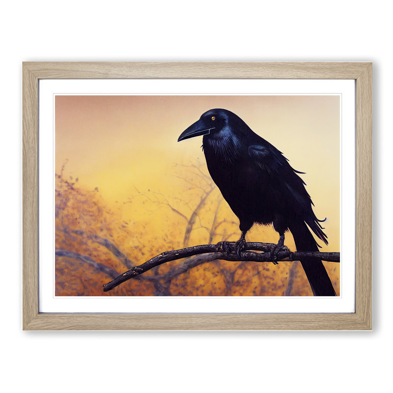 Masterful Crow Bird - Single Picture Frame Painting, 25cm H x 34cm W x 2cm D, Oak