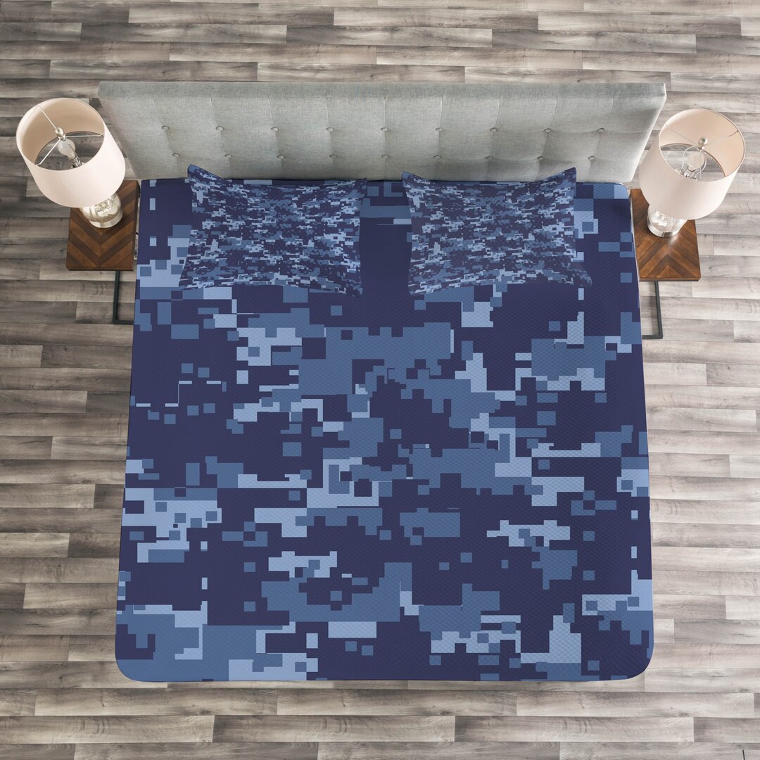 Gestepptes Bettdecken-Set, Grunge Camouflage Stil-Effekt, Blau, Hellblau und Dunkelblau