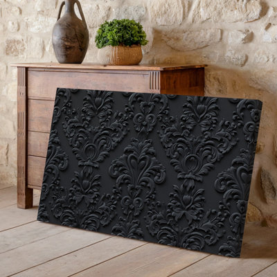 Canvas A Richly Textured Black Wallpaper Featuring An Intricate Damask Pattern Wall Art Showcasing Elegant Swirls And Floral Motifs In Canvas Wall Art