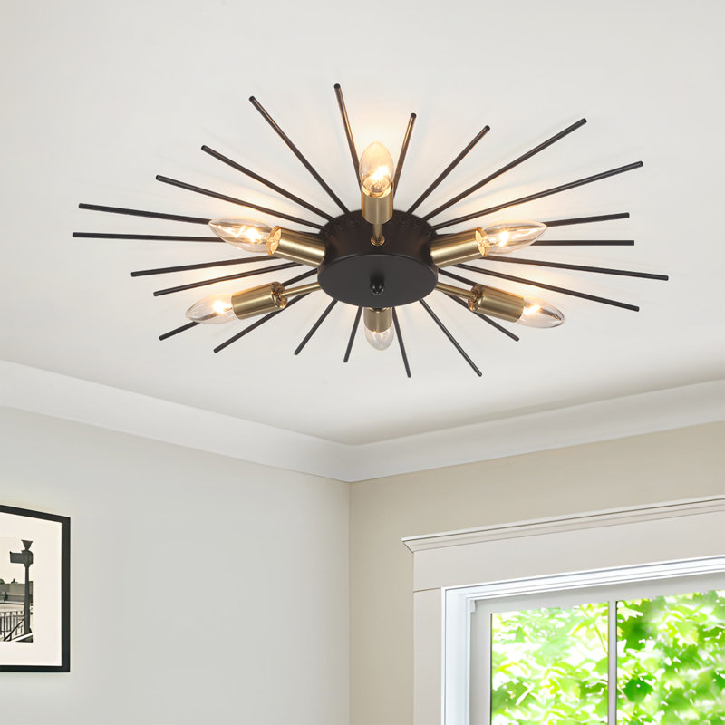 6 - Light 23.82" Dimmable Linear / Sputnik Flush Mount Lighting, Gold/Matte Black