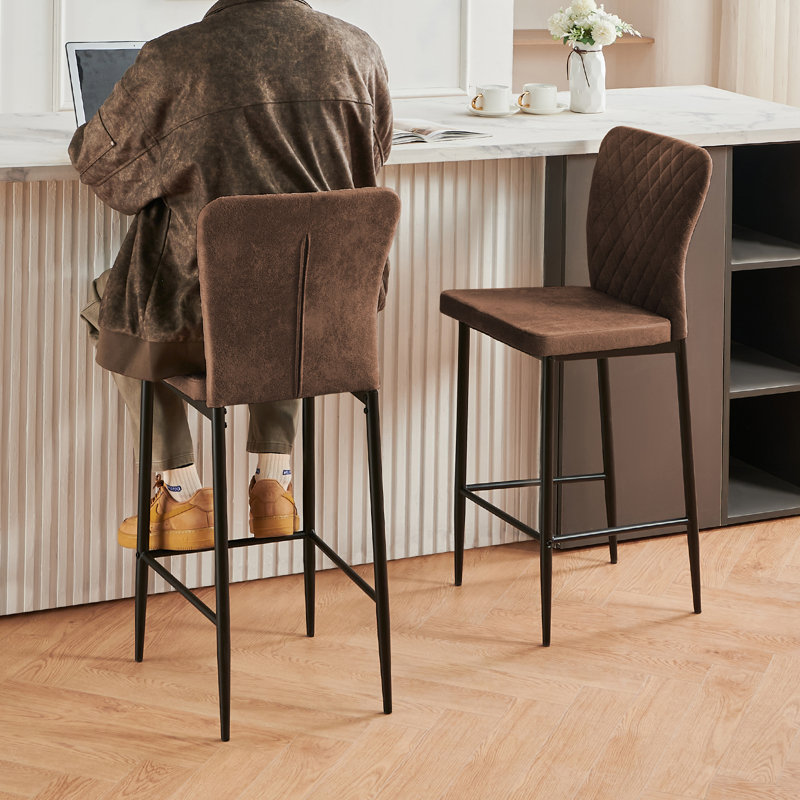 Vintage Suede/Velvet Diamond Pattern Upholstered High Back Bar Stool, Brown Suede