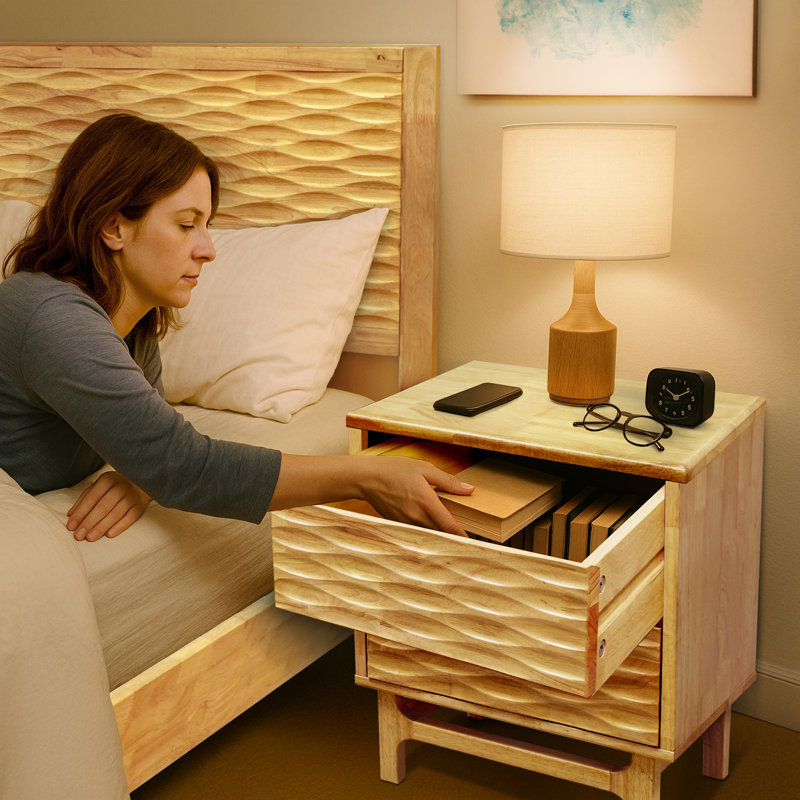 Elara Solid Wood 2-Drawer Nightstand with Carved Wood Grain, Mid-Century Modern Bedside Table & Side Table, Smooth Gliding Drawers, Easy Assembly, Natural Oak Finish