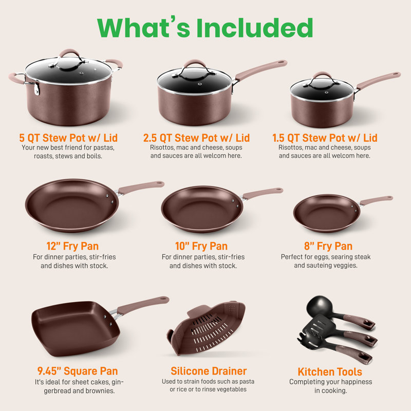 14-Piece Brown Non-Stick Aluminum Cookware Set