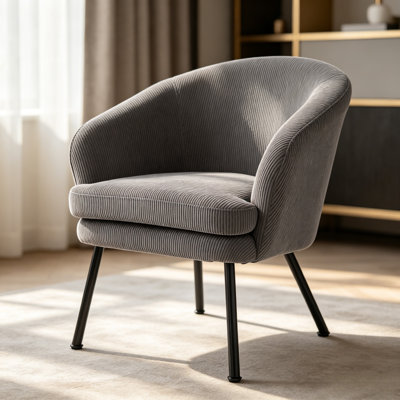 Fauteuil demi-tonneau gris en velours côtelé avec pieds en métal noir, fauteuil d'appoint capitonné Modern Channel avec rembourrage en mousse dense, fauteuil simple confortable pour le bureau de la chambre à coucher du salon