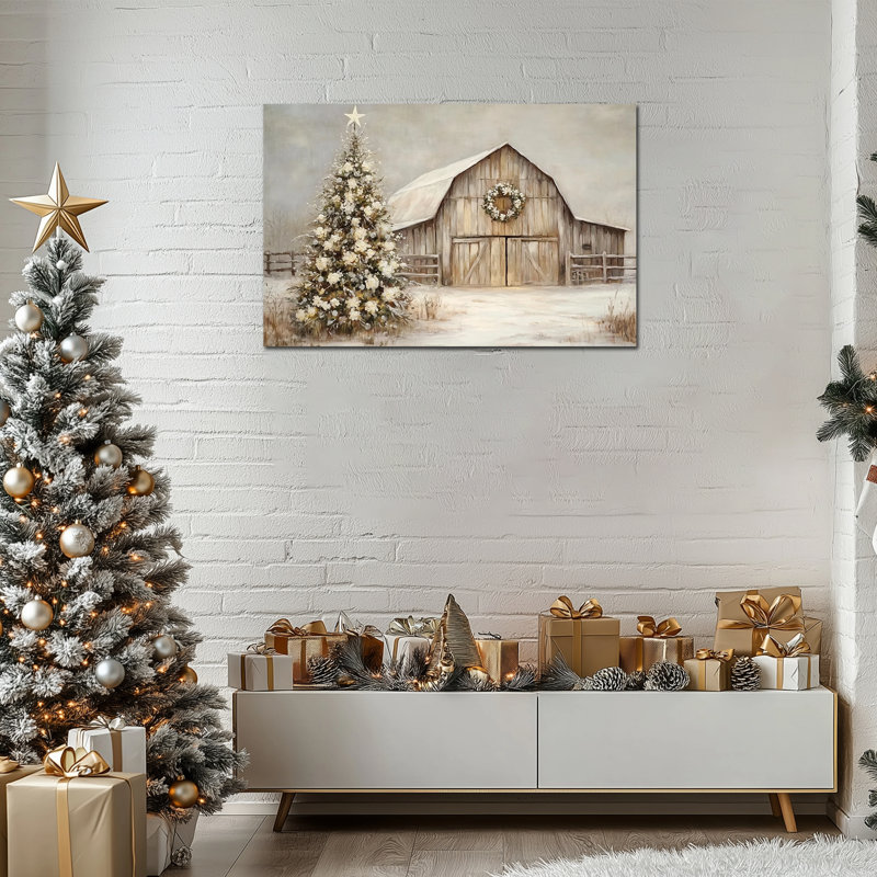 Chalmers - Winter Barn Christmas Tree, décoration murale, art de campagne rétro, toile d'art mural pour salon, cadre encadré, 24 po x 32 po