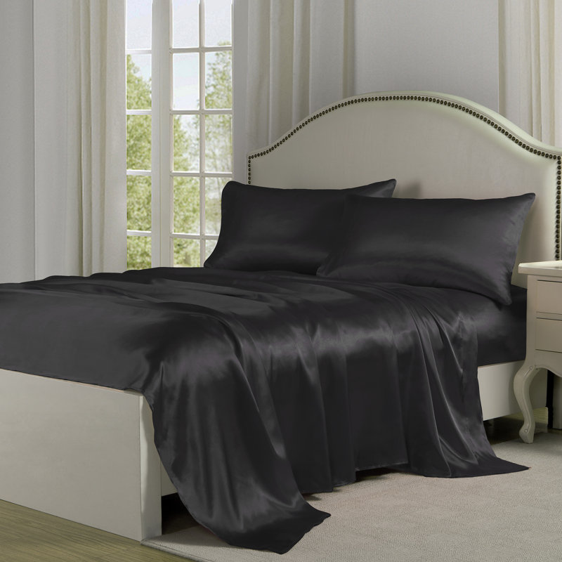 Ensemble de draps 4 pièces en satin doux et soyeux, Ensemble de draps pour grand lit avec 2 taies d'or, Brun