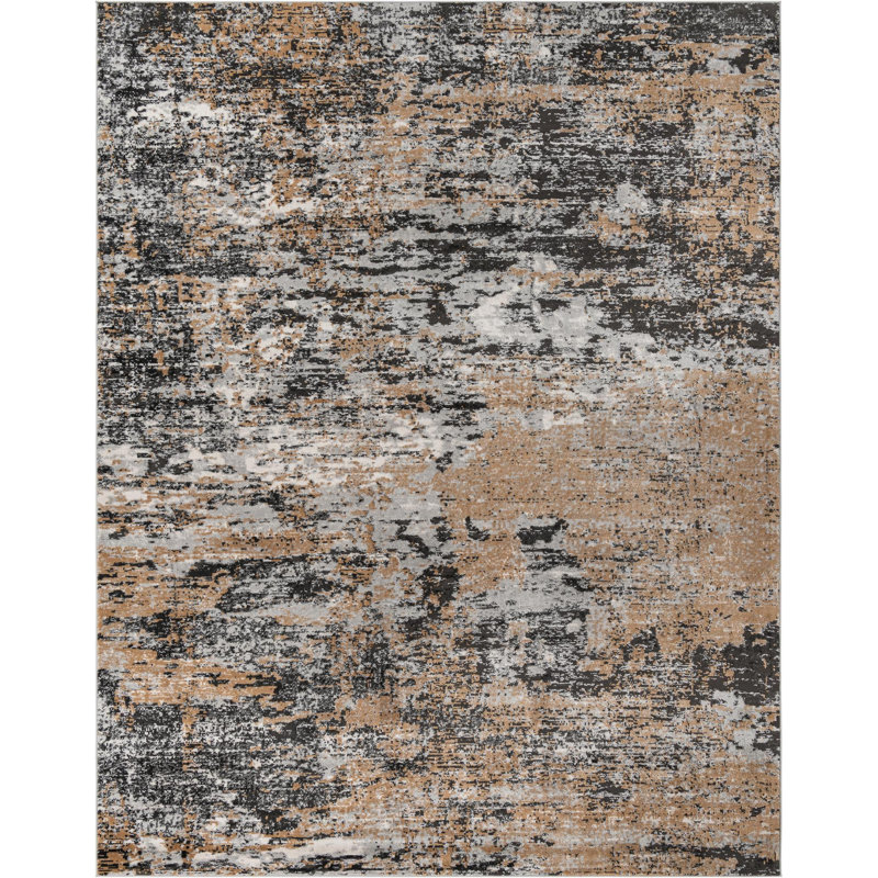 Tapis abstrait en polypropylène tissé à la machine Highdell en brun / noir / blanc, Rectangle 10 pi x 13 pi