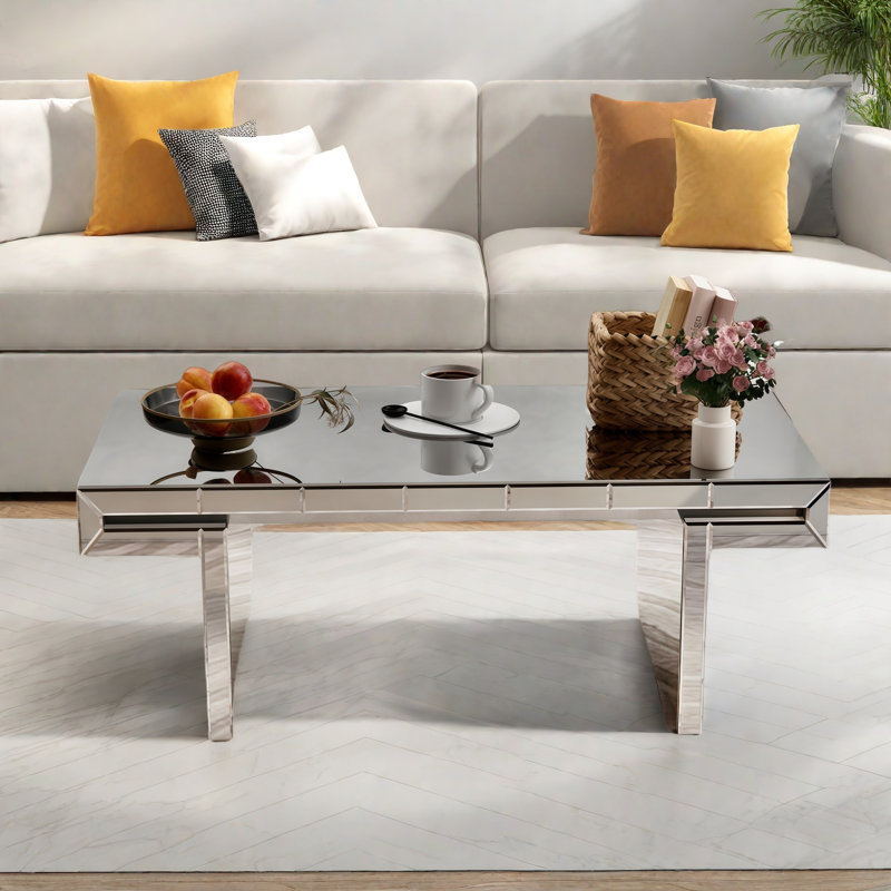 Luxury Rectangular Mirror Coffee Table With Fluted Tempered Glass And Rounded Edges