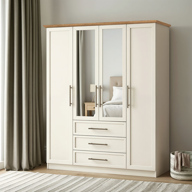 Cleverton Tellys 4 Door 3 Drawer Wardrobe with Mirror, 191.3cm H x 153.3cm W x 58cm D, Ivory