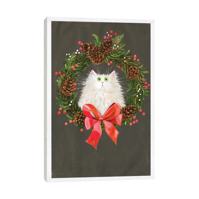 Festive Wreath White Cat by Kim Haskins - Print on Canvas, White Framed, 101.6 cm H x 66.04 cm W