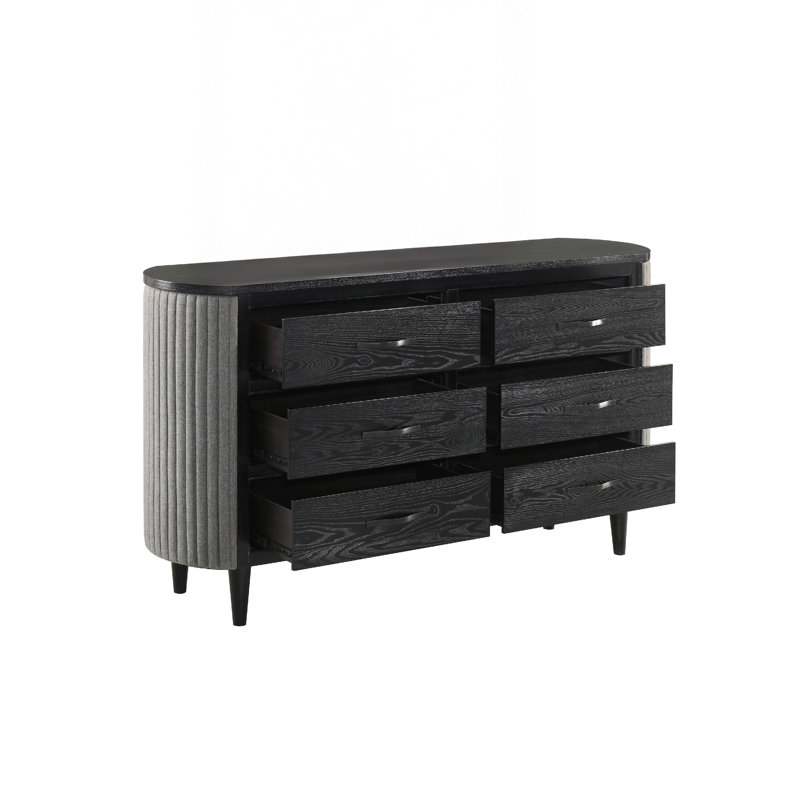 Commode Sevy avec tissu rétro, noir et gris, 6 tiroirs