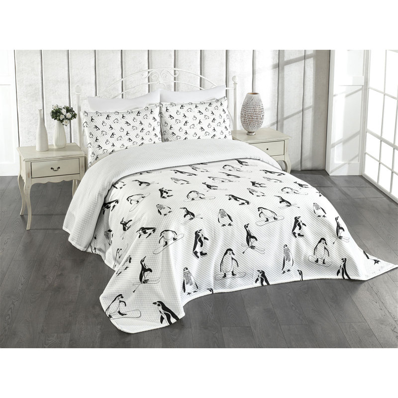 White Quilted Queen Bedspread Set with Penguin Design
