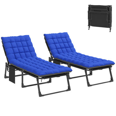 Folding Chaise Lounge Chair Outdoor Tanning Chair Set Of 2 With 5-Position Backrest, Cushions, Side Pocket, Blue