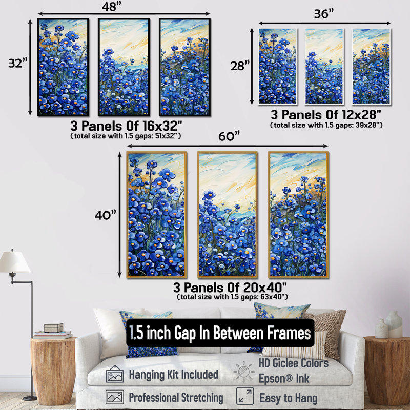 Ensemble de salon «Calming Blue Bonnets Floral Field - Flower Field Wall Art», Cadre naturel flottant