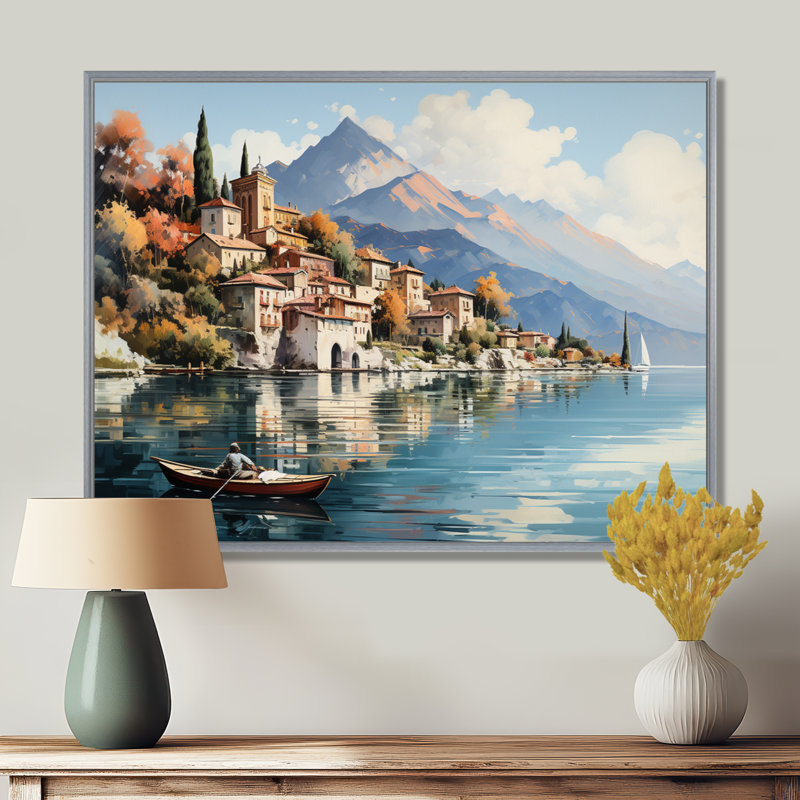 Italy Lake Como - Print on Canvas, 16" H x 32" W x 1" D, Silver Floater Framed