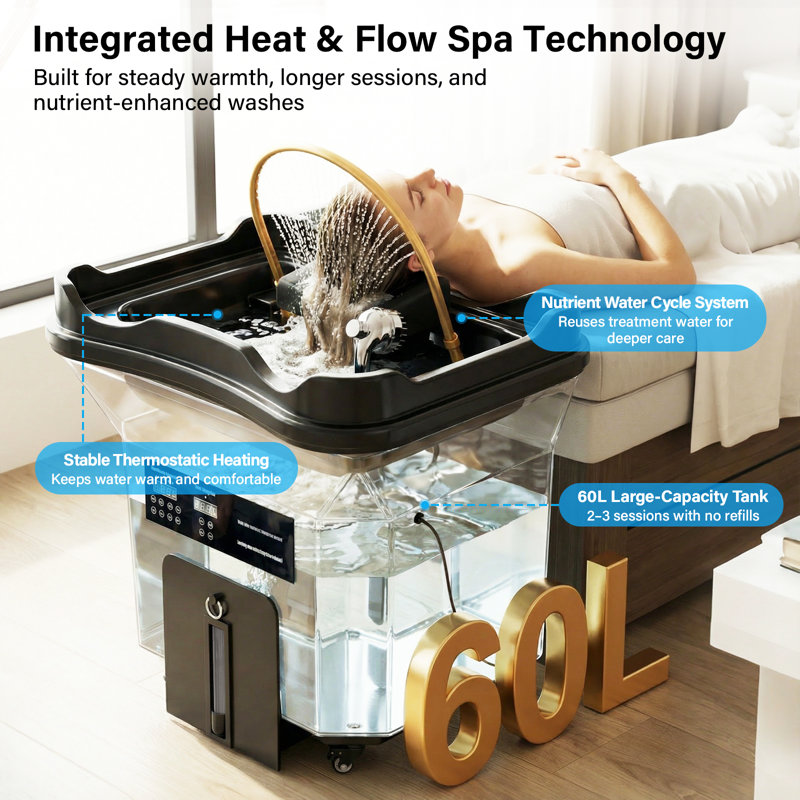 Professional Mobile Head Spa System with Thermostatic Waterfall & LED Therapy, 60L High-Capacity Tanks, for Salon and Spa Bed Scalp Care