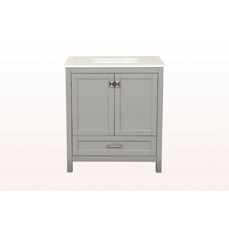 Meuble-lavabo autoportant de 30 po avec lavabo, comptoir en marbre d'ingénierie Carrara avec lavabo rectangulaire encastré en céramique, grande porte de rangement à fermeture en douceur