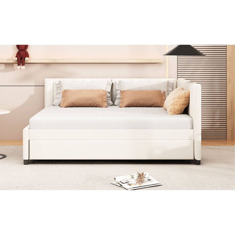Full Size Daybed With Trundle And Linen Upholstery (beige), Modern Style Beige Trundle, Construction For Years Of Use, Beige