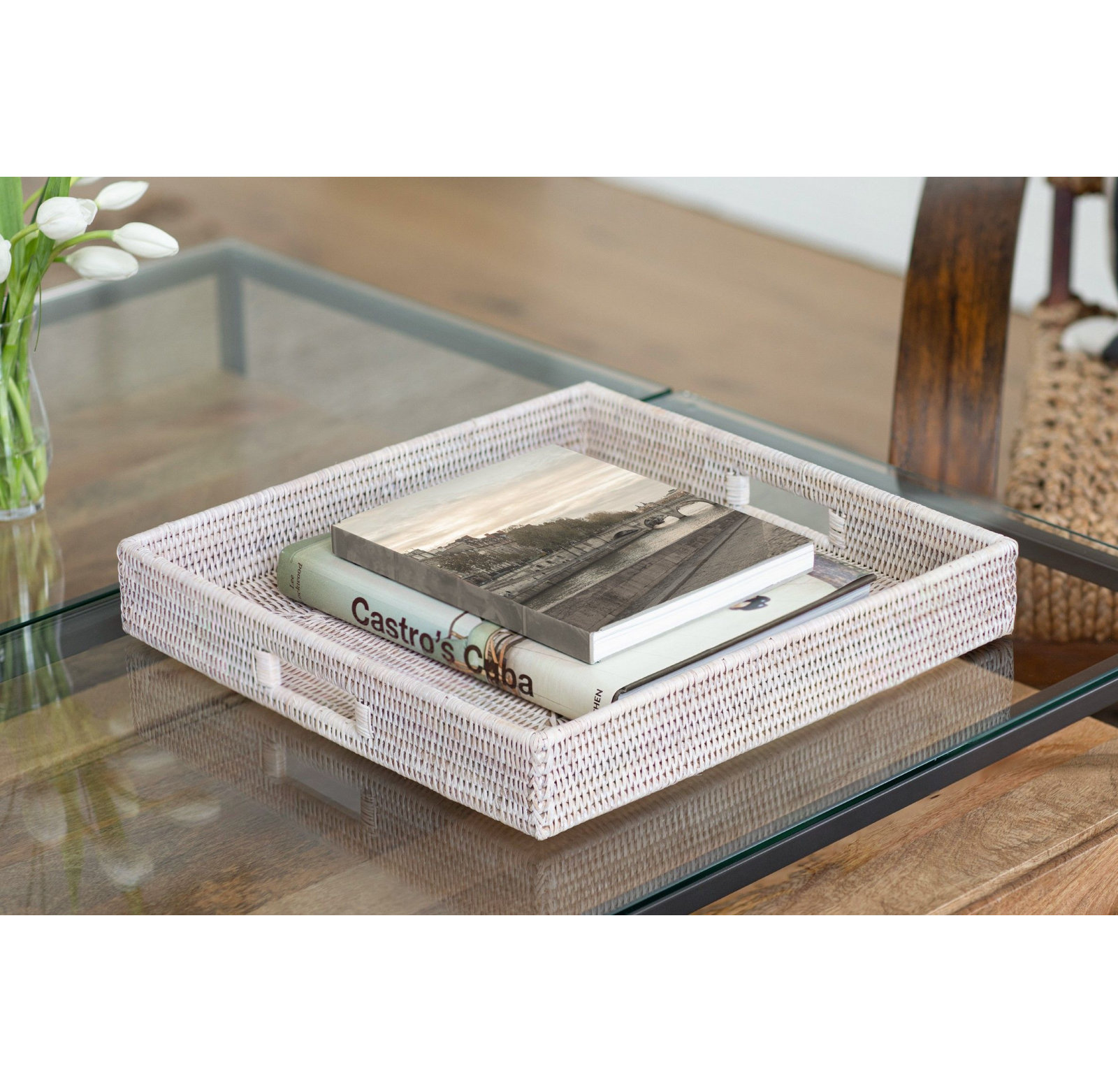 Edmond Decorative Tray, White Wash, 3" H x 16" W x 16" D