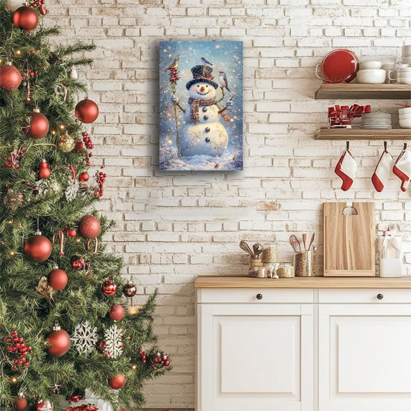 Art mural rétro sur toile 24 "x 36" bonhomme de neige et oiseaux rétro