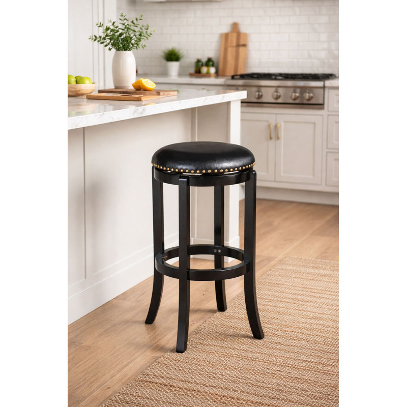 Ameil Swivel Upholstered Counter Stool with Solid Wood Frame, Bar Stool (29” Seat Height), Black Leather / Black Frame
